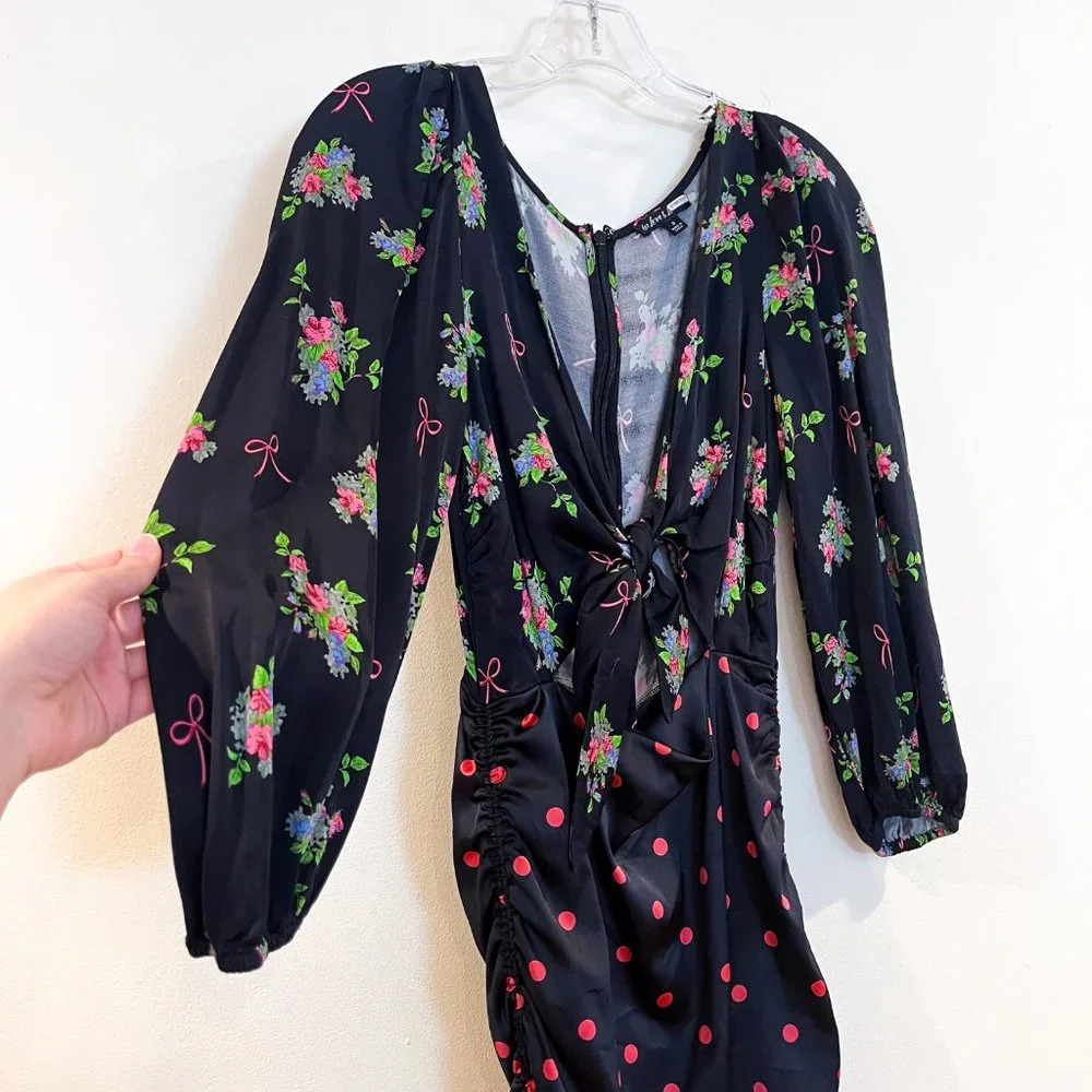 For Love & Lemons Black Satin Floral Bow Polka Dot Cutout Bodycon Midi Dress S - Picture 4 of 12